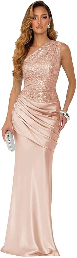 Sparkly Sequins Mermaid Prom Dress 2026 for Women Long Satin One Shoulder Asymmetrical Pleated Formal Evening Gown