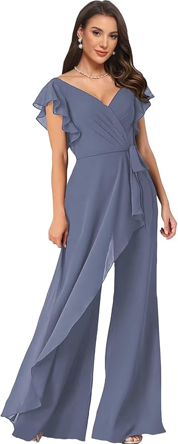 Chiffon Mother of The Bride Jumpsuits for Women Asymmetrical Pant Suits Flutter Sleeve V Neck Formal Evening Outfits
