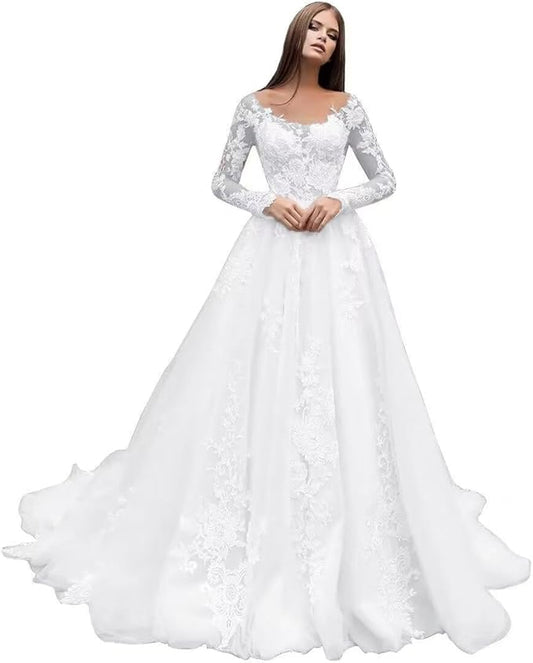 Boho Lace Wedding Dresses for Bride 2026 Tulle Long Sleeve Wedding Dress Ball Gowns Satin Mermaid Bridal Gown
