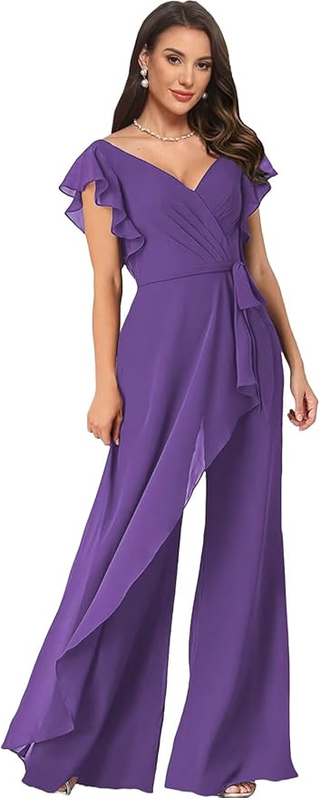 Chiffon Mother of The Bride Jumpsuits for Women Asymmetrical Pant Suits Flutter Sleeve V Neck Formal Evening Outfits