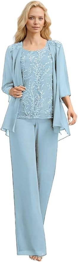 3 Pieces Mother of The Bride Pant Suits Long Laces Appliques 3/4 Sleeves Chiffon Mother of The Groom Dress