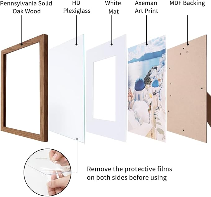 Axeman 8x10 Picture Frame - Solid Oak Wood 8''x10'' Frame With Mat For 5x7, 8 x 10 Photo Frame Wood, Plexiglass And Hanging Hardware Included, Wall And Tabletop Display, Walnut 3PCs