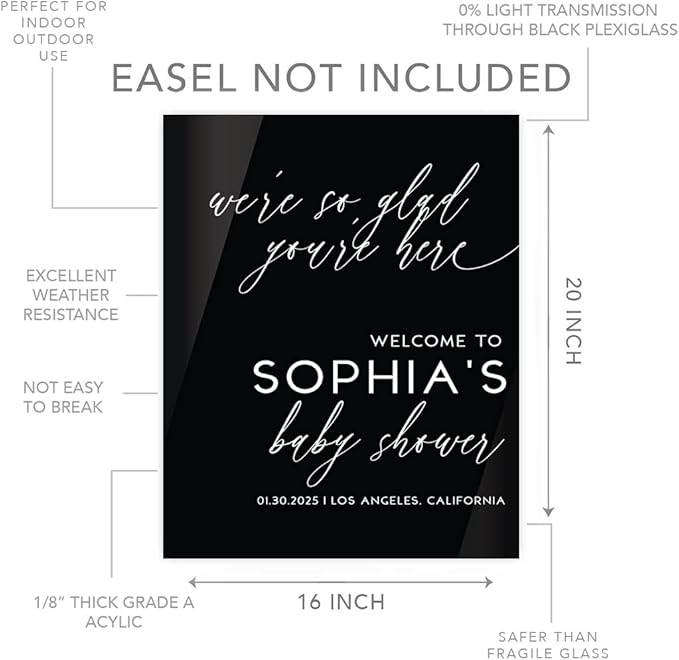 Andaz Press 16"x20" Black Acrylic Personalized Baby Shower Welcome Sign, Gender Neutral Modern Script Large Custom Sign for Easel Stand, Baby Shower Decorations