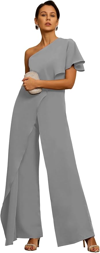 Mother of The Bride Jumpsuit Chiffon One Shoulder Ruffles Wedding Guest Pantsuit for Women