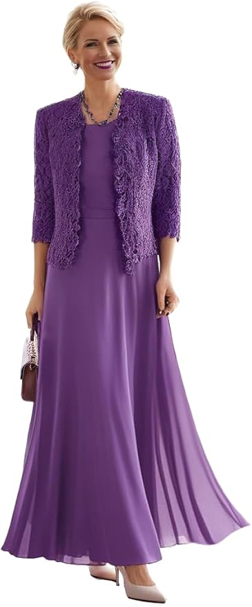 2 Pieces Mother of The Bride Dresses for Women Laces Mother of The Groom Dress 3/4 Sleeve Chiffon Formal Evening Dresses