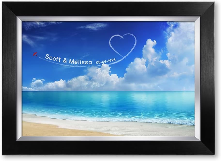 IPIC - Seaside Skywriting Personalized Artwork with Names and Date on, Customized Gift for Anniversary,Wedding,Birthday and Holidays. Framed Size: 21x15