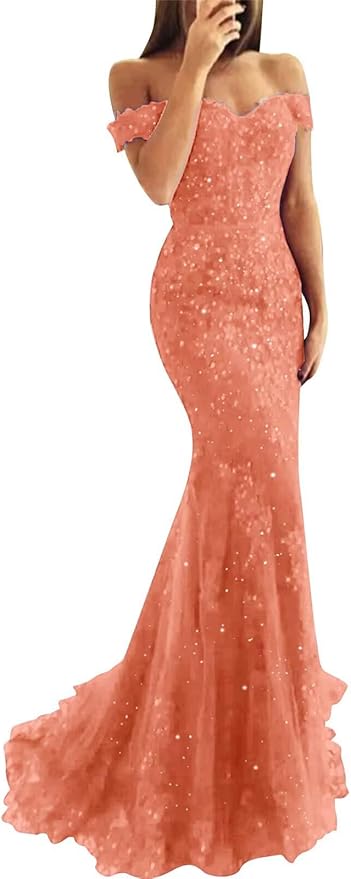 Tulle Long Prom Dresses Off The Shoulder Mermaid Dress with Elegant Laces Appliques Formal Evening Party Gowns