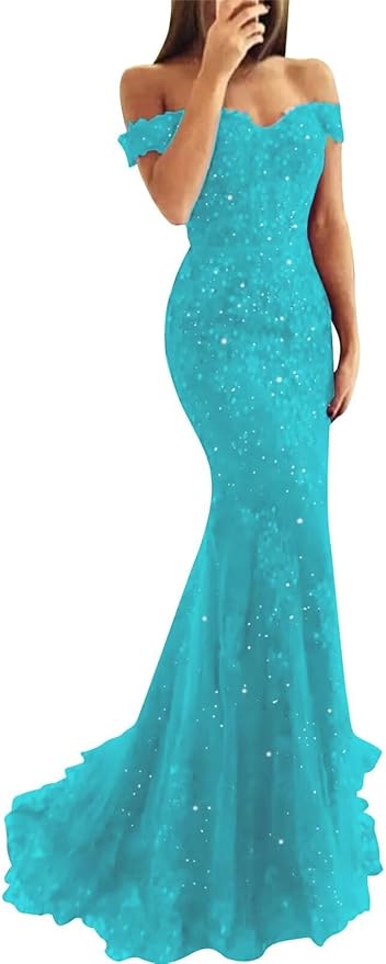 Tulle Long Prom Dresses Off The Shoulder Mermaid Dress with Elegant Laces Appliques Formal Evening Party Gowns