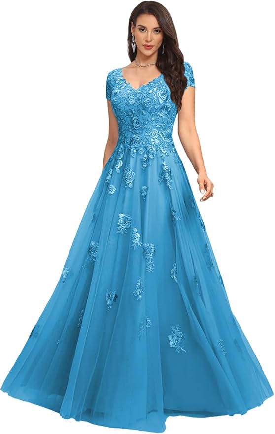 Mother of The Bride Dresses Sleeve Laces Applique V Neck Evening Gowns Cap Sleeves Grandmother of The Groom Dress