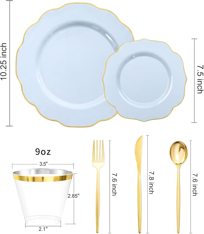 bUCLA 180PCS Blue Plastic Plates - Disposable Light Blue with Gold Rim - Include 30 Each (Dinner & Salad) Plates, 30 Knives, 30 Forks, 30 Spoons, 30 Cups for Party, Birthday & Shower