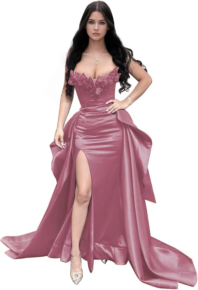 GARDOM Mermaid Satin Prom Dress 2026 Strapless Ball Gown Leaf Ruffle Sequin Slit Formal Dresses for Women Evening Wedding