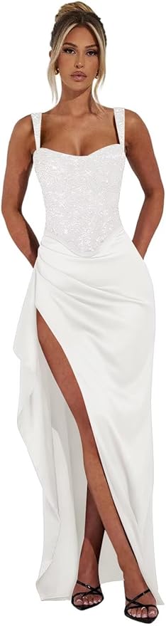 Basgute Sparkly Sequin Prom Dresses for Women 2026 Mermaid Corset Long Slit Ball Gown Formal Evening Party Dress