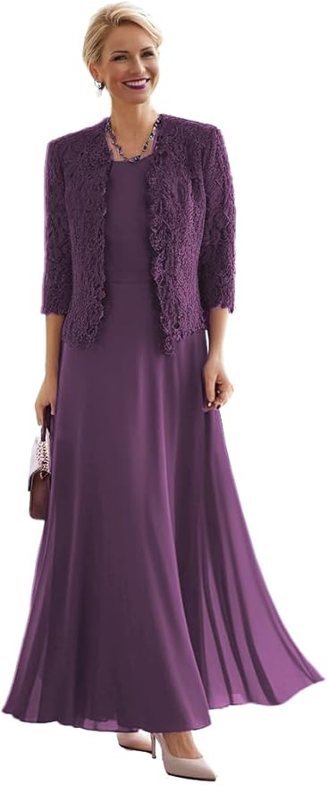 2 Pieces Mother of The Bride Dresses for Women Laces Mother of The Groom Dress 3/4 Sleeve Chiffon Formal Evening Dresses