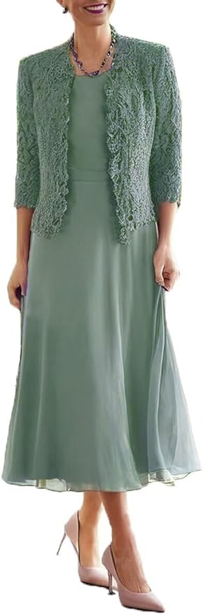 Tea Length Grandmother of The Bride Dresses with Jackets Elegant Laces Mother of Bride Dress for Wedding Guests