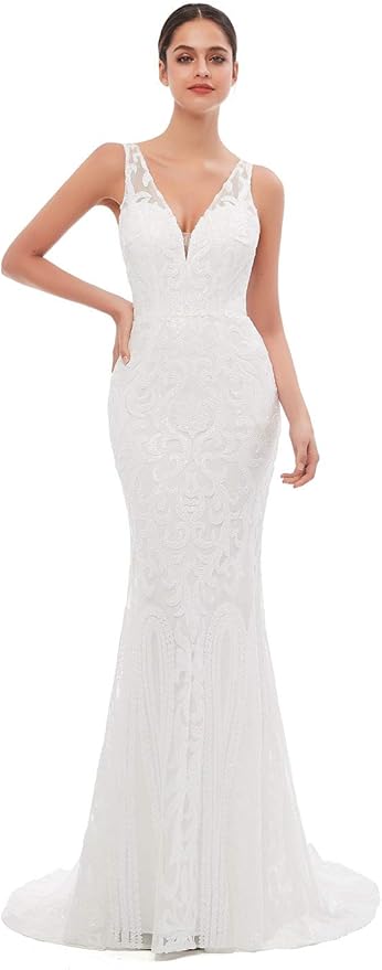 Women's Double V-Neck Sequins Lace-up Mermaid Evening Dress