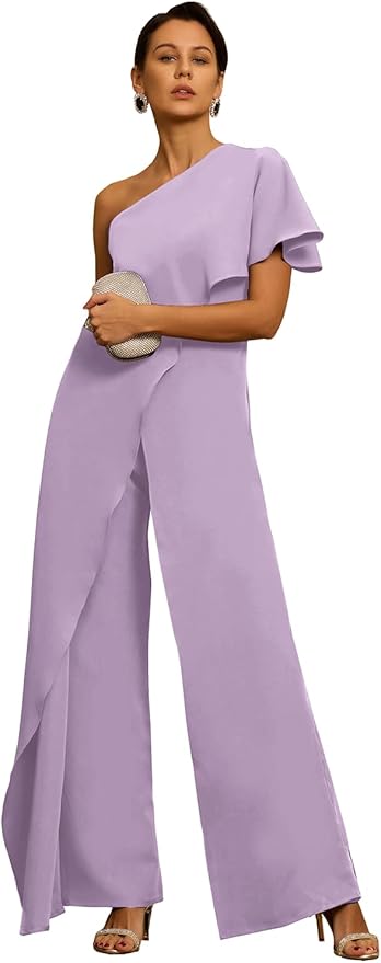 Mother of The Bride Jumpsuit Chiffon One Shoulder Ruffles Wedding Guest Pantsuit for Women