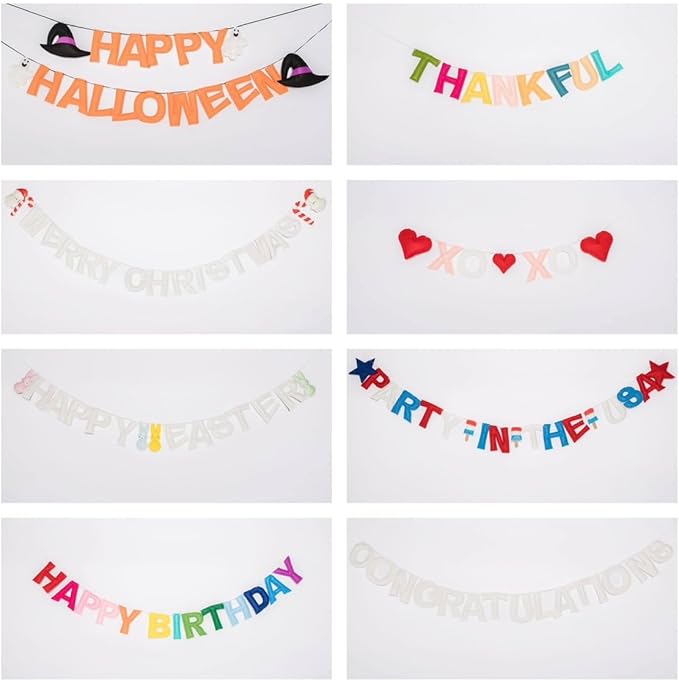 Reusable Interchangeable Holiday Felt Garland/Banner Set – Includes Valentine’s Day, Easter, 4th of July, Halloween, Thanksgiving, Christmas, Happy Birthday, and Congratulations Designs