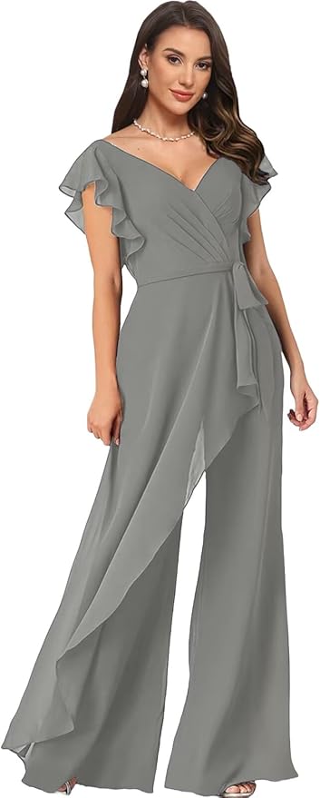 Chiffon Mother of The Bride Jumpsuits for Women Asymmetrical Pant Suits Flutter Sleeve V Neck Formal Evening Outfits
