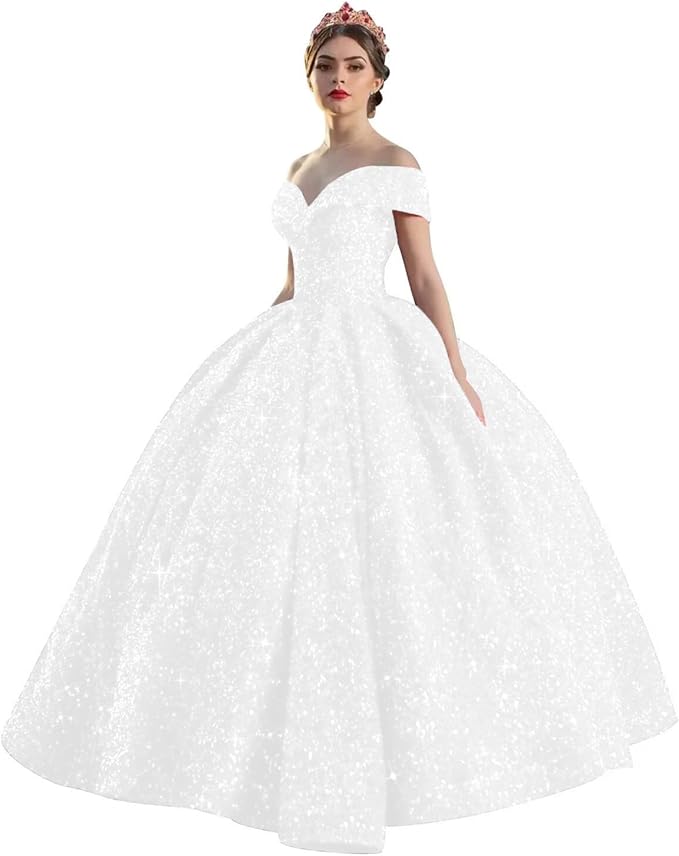 Quinceanera Dress Long Ball Gown Sparkly Sequin Off Shoulder V Neck Prom Dresses