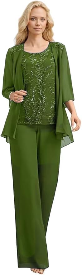 3 Pieces Mother of The Bride Pant Suits Long Laces Appliques 3/4 Sleeves Chiffon Mother of The Groom Dress