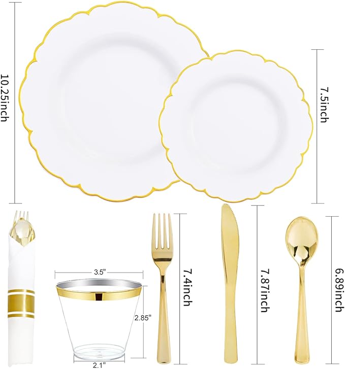 Morejoy 175PCS Gold Plastic Plates，White Gold Disposable Plates with Pre Rolled Napkins:25 Dinner Plates,25 Dessert Plates,25 Spoons,25 Forks,25Knives,25Cups,25Napkins for Party & Christmas