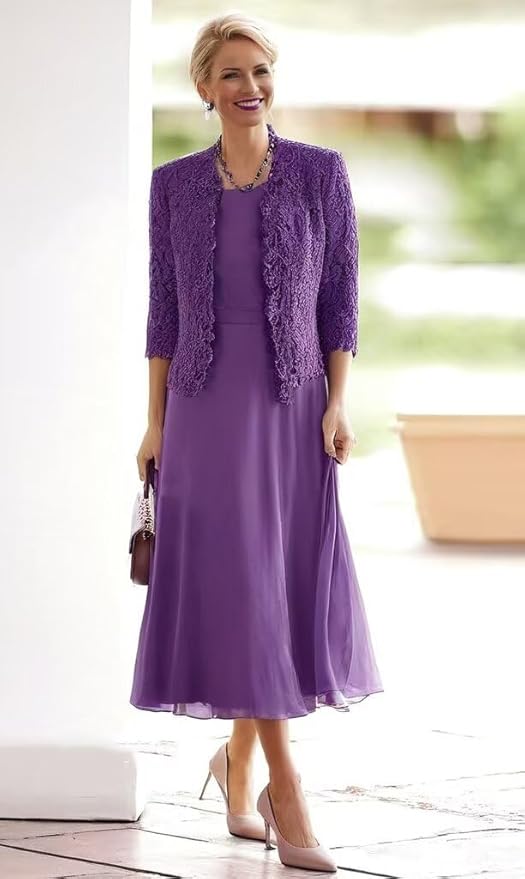 Tea Length Grandmother of The Bride Dresses with Jackets Elegant Laces Mother of Bride Dress for Wedding Guests
