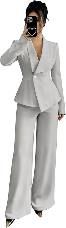 Pant Suits for Women Dressy 2 Piece Womens Pantsuit Long Sleeve Lapel V-Neck Formal Outfit for Wedding Guest