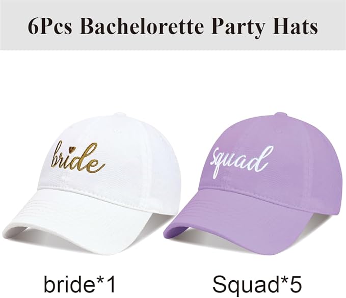 PartyGifts&beyond 6Packs Bachelorette Hat Bridesmaid Hat Bachelorette Party Favors Embroidered Bride Squad Baseball Cap