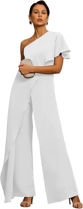 Mother of The Bride Jumpsuit Chiffon One Shoulder Ruffles Wedding Guest Pantsuit for Women