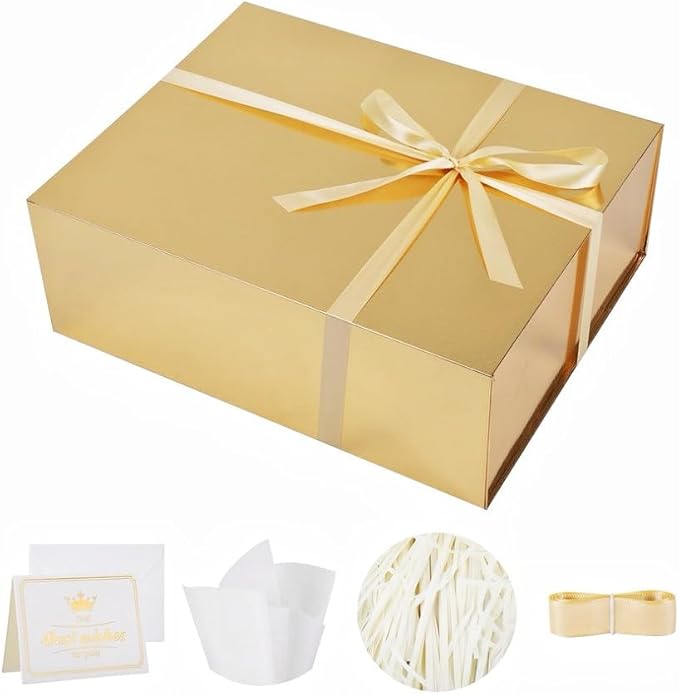 UoeRing 1 Extra Large Gold Gift Box 20x16x7 inch Luxury Gift Box for Presents with Magnetic Closure Lid Collapsible,Birthday,Christmas,Contains Card, Ribbon,Tissue Paper,Shredded Paper Filler