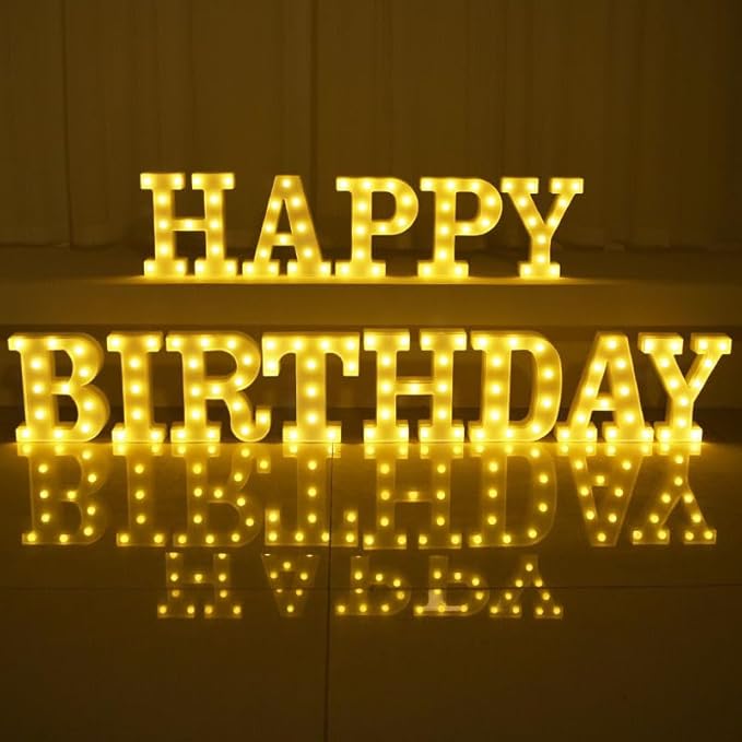 173pcs Happy Birthday LED Marquee Light Up Letters Sign Birthday Decorations with Crown Gold Foil Balloons and Banner for Anniversary Party Night Lamp Banquet Props