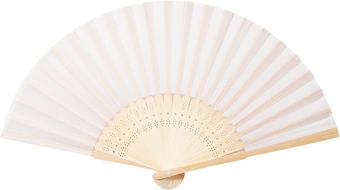 50pcs Cream-Coloured Imitated Silk Fabric Bamboo Folded Hand Fan Bridal Dancing Props Church Wedding Party Favors with Organza Bags