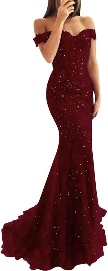 Tulle Long Prom Dresses Off The Shoulder Mermaid Dress with Elegant Laces Appliques Formal Evening Party Gowns