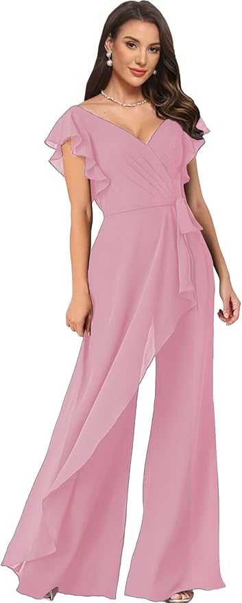 Chiffon Mother of The Bride Jumpsuits for Women Asymmetrical Pant Suits Flutter Sleeve V Neck Formal Evening Outfits