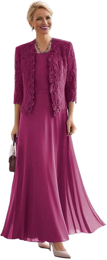 2 Pieces Mother of The Bride Dresses for Women Laces Mother of The Groom Dress 3/4 Sleeve Chiffon Formal Evening Dresses
