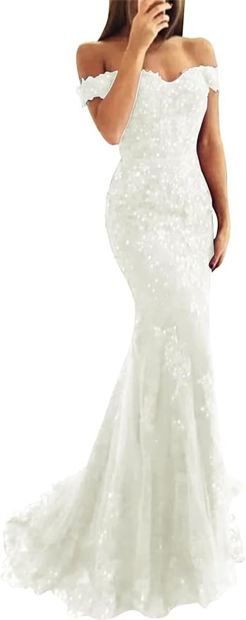 Tulle Long Prom Dresses Off The Shoulder Mermaid Dress with Elegant Laces Appliques Formal Evening Party Gowns