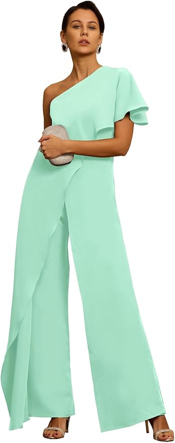 Mother of The Bride Jumpsuit Chiffon One Shoulder Ruffles Wedding Guest Pantsuit for Women