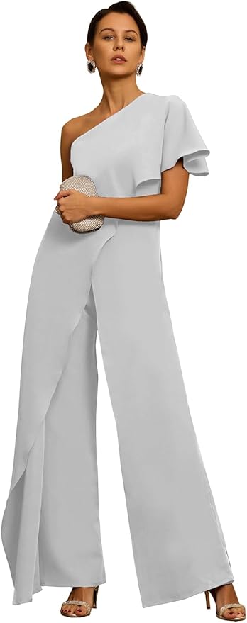 Mother of The Bride Jumpsuit Chiffon One Shoulder Ruffles Wedding Guest Pantsuit for Women