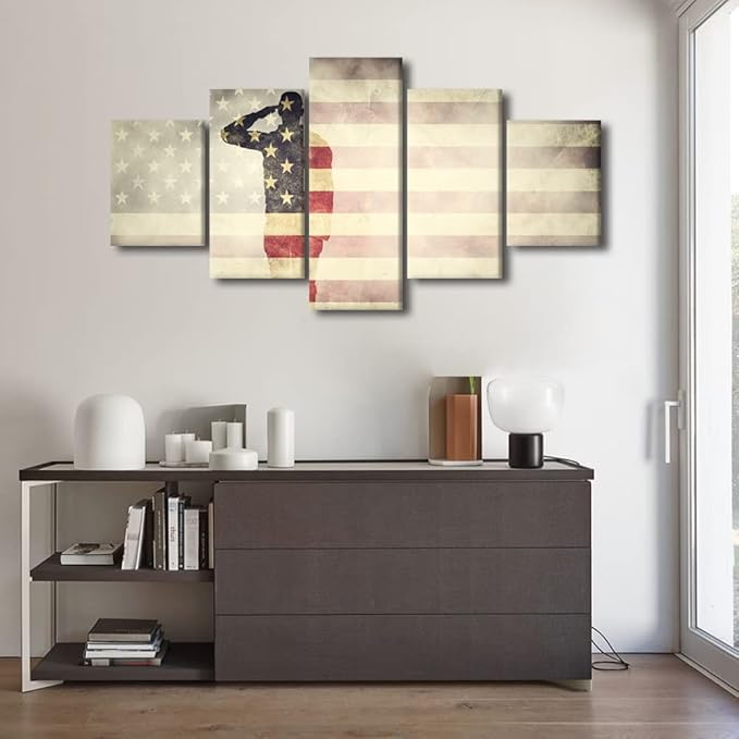 TISHIRON Native American Flag Decor Military Posters and Prints on Canvas Saluting Soldier Paintings 5 Panel Wall Art Artwork Pictures Artwork Home Decor for Living Room Framed Ready to Hang 60x32 in