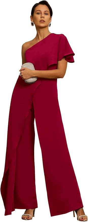 Mother of The Bride Jumpsuit Chiffon One Shoulder Ruffles Wedding Guest Pantsuit for Women