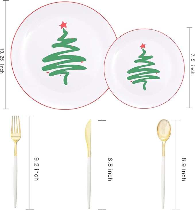 LIYH 150 Pcs Plastic Christmas Disposable Dinnerware Set, Disposable Christmas Plastic Plates with Red Rim, Gold Cutlery with White Handle, Tableware Dishes for Xmas Day 30 Guests