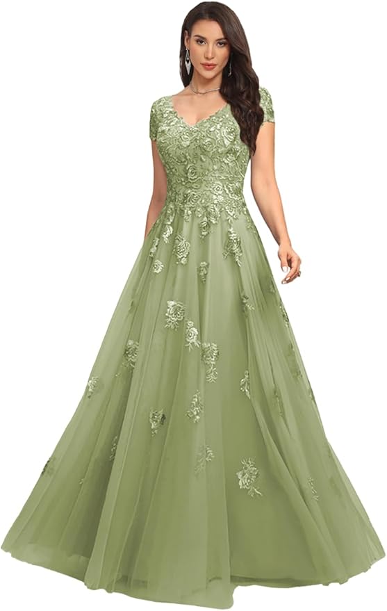 Mother of The Bride Dresses Sleeve Laces Applique V Neck Evening Gowns Cap Sleeves Grandmother of The Groom Dress