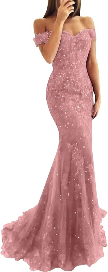 Tulle Long Prom Dresses Off The Shoulder Mermaid Dress with Elegant Laces Appliques Formal Evening Party Gowns