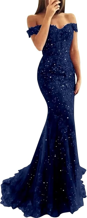 Tulle Long Prom Dresses Off The Shoulder Mermaid Dress with Elegant Laces Appliques Formal Evening Party Gowns