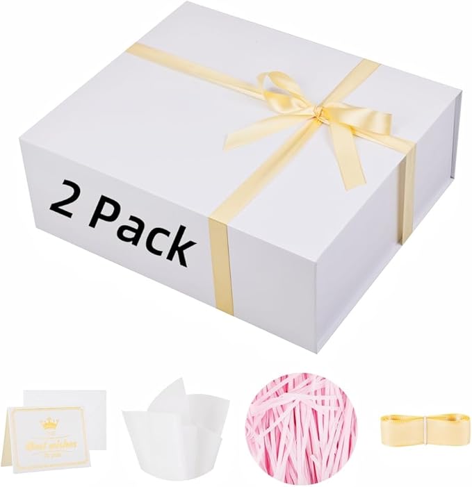 UoeRing 2 Pack Extra Large White Gift Box 17x14.5x6 inch Luxury Gift Box for Presents with Magnetic Closure Lid Collapsible,Birthday,Christmas,Contains Card, Ribbon,Tissue Paper,Shredded Paper Filler