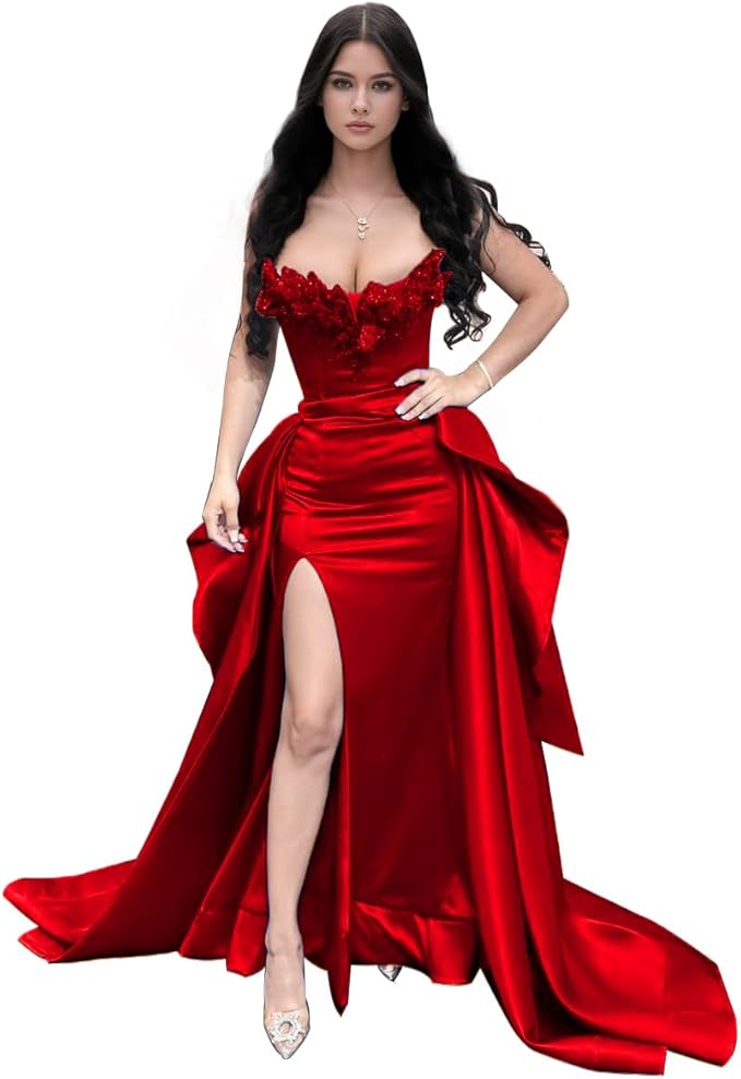 GARDOM Mermaid Satin Prom Dress 2026 Strapless Ball Gown Leaf Ruffle Sequin Slit Formal Dresses for Women Evening Wedding