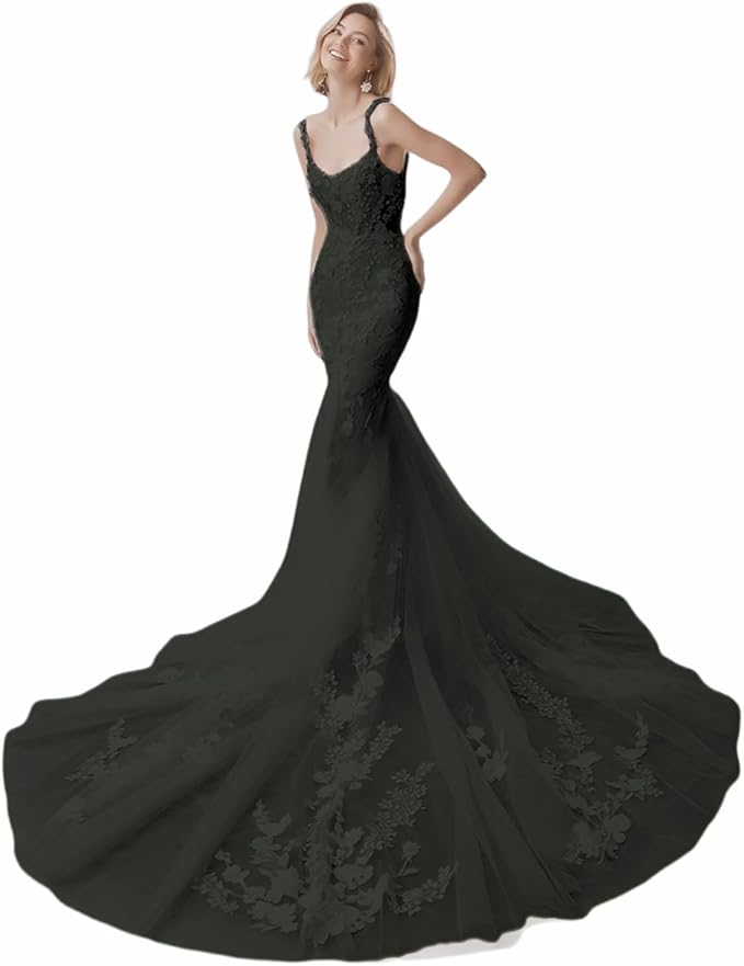 Zeeyecie Mermaid Tulle Wedding Dresses Lace Applique Corset V-Neck Sparkly Bridal Gowns with Train for Brides