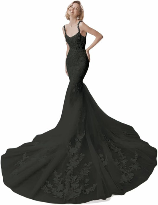 Zeeyecie Mermaid Tulle Wedding Dresses Lace Applique Corset V-Neck Sparkly Bridal Gowns with Train for Brides