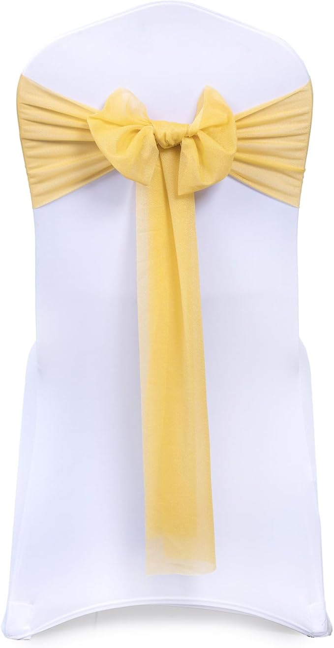 VDS Pack of 250, Gold, Sheer Chiffon Chair Sashes Bows Chair Cover Back Tie Ribbon for Wedding Birthday Baby Shower Engagement Ceremony Event Party Banquet Restaurant Dining Chair Decoration