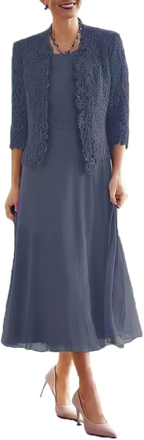 Tea Length Grandmother of The Bride Dresses with Jackets Elegant Laces Mother of Bride Dress for Wedding Guests